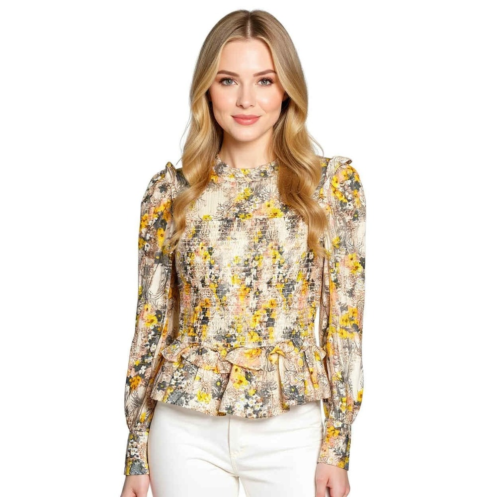& Other Stories Paris Atelier Cottage Floral Gray & yellow smocked Blouse Size 2